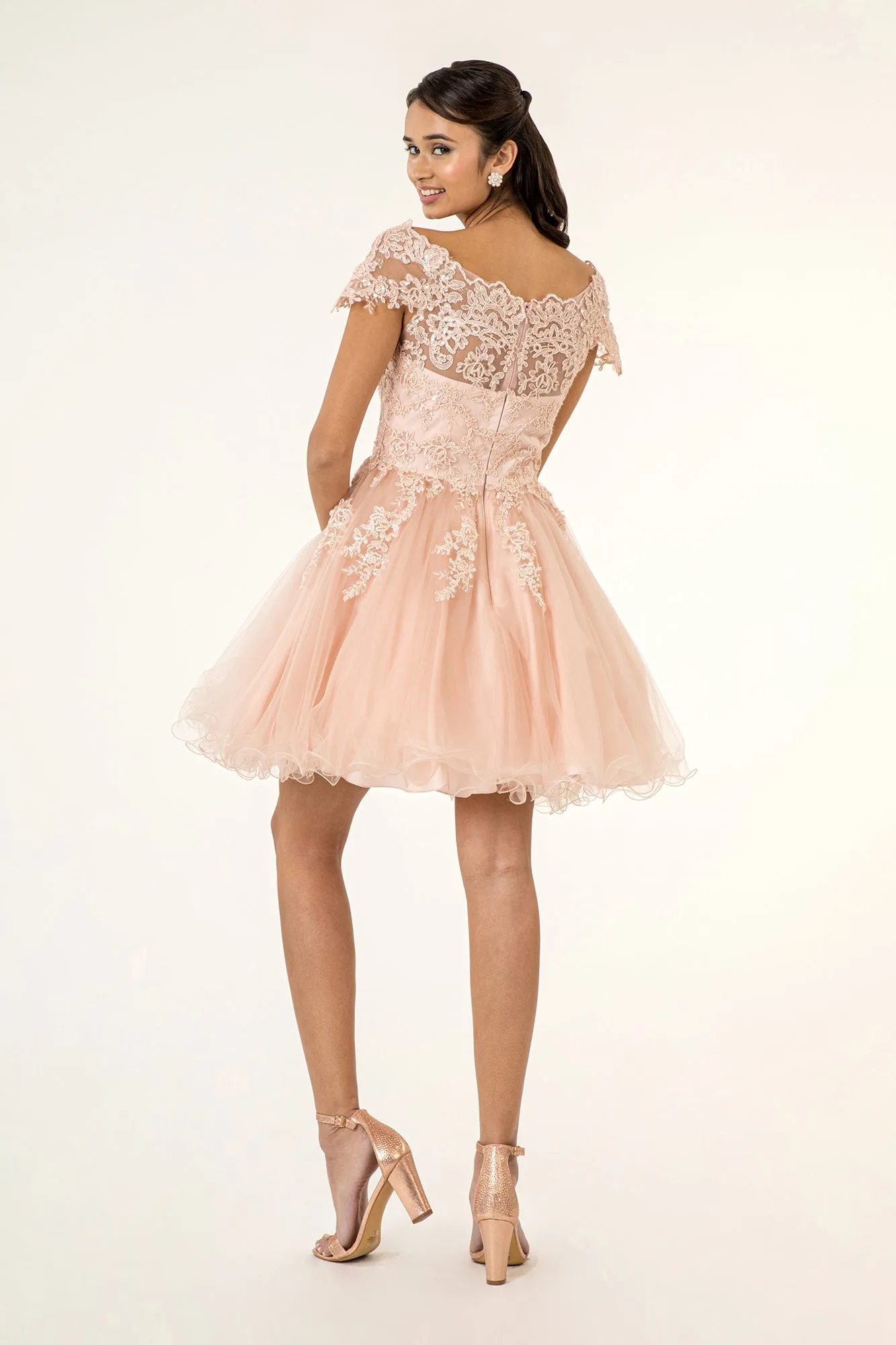 GL GS1953 - Off the Shoulder A-Line Homecoming Dress with Lace Embellished Bodice & Layered Tulle Skirt