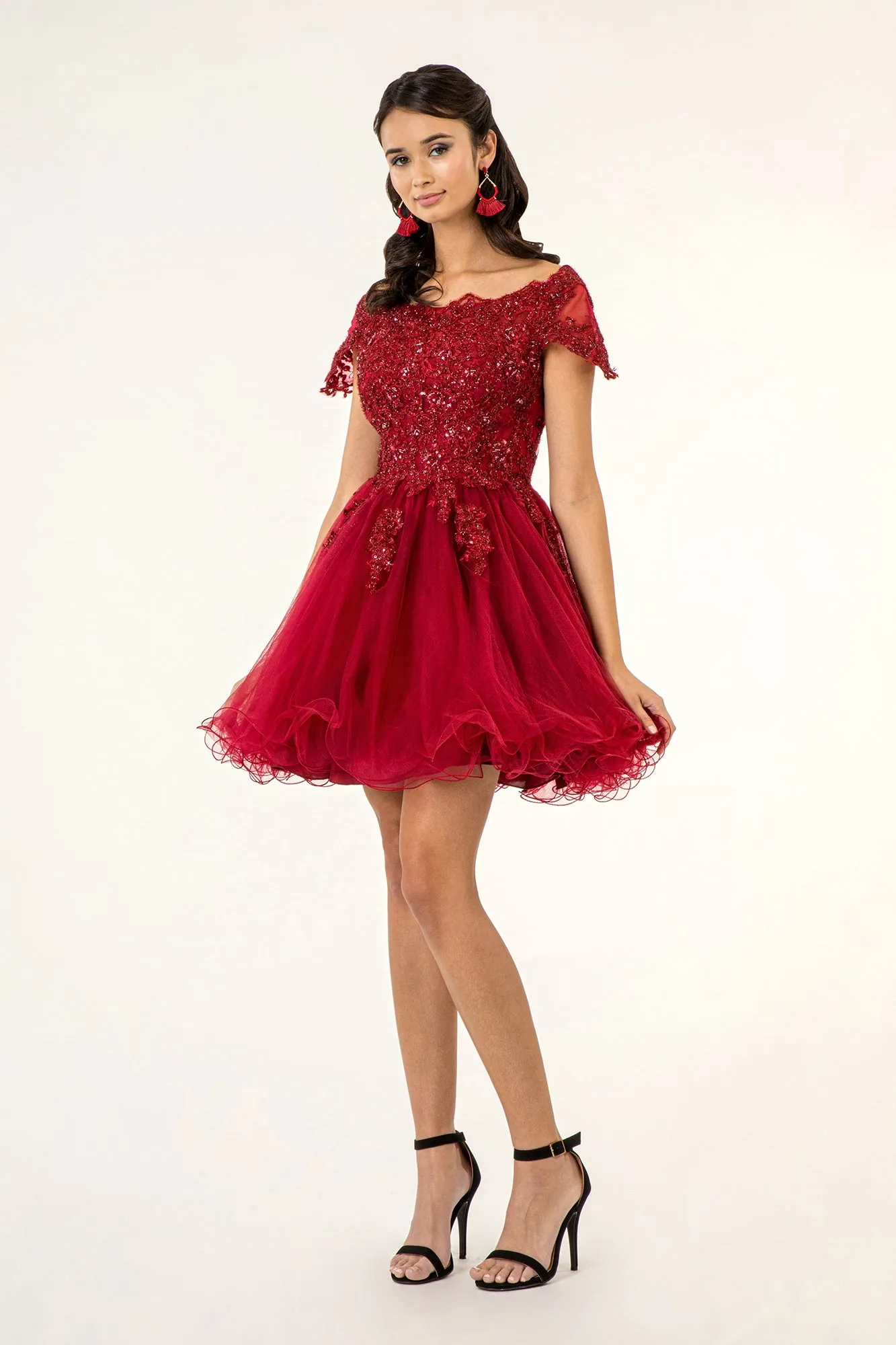 GL GS1953 - Off the Shoulder A-Line Homecoming Dress with Lace Embellished Bodice & Layered Tulle Skirt