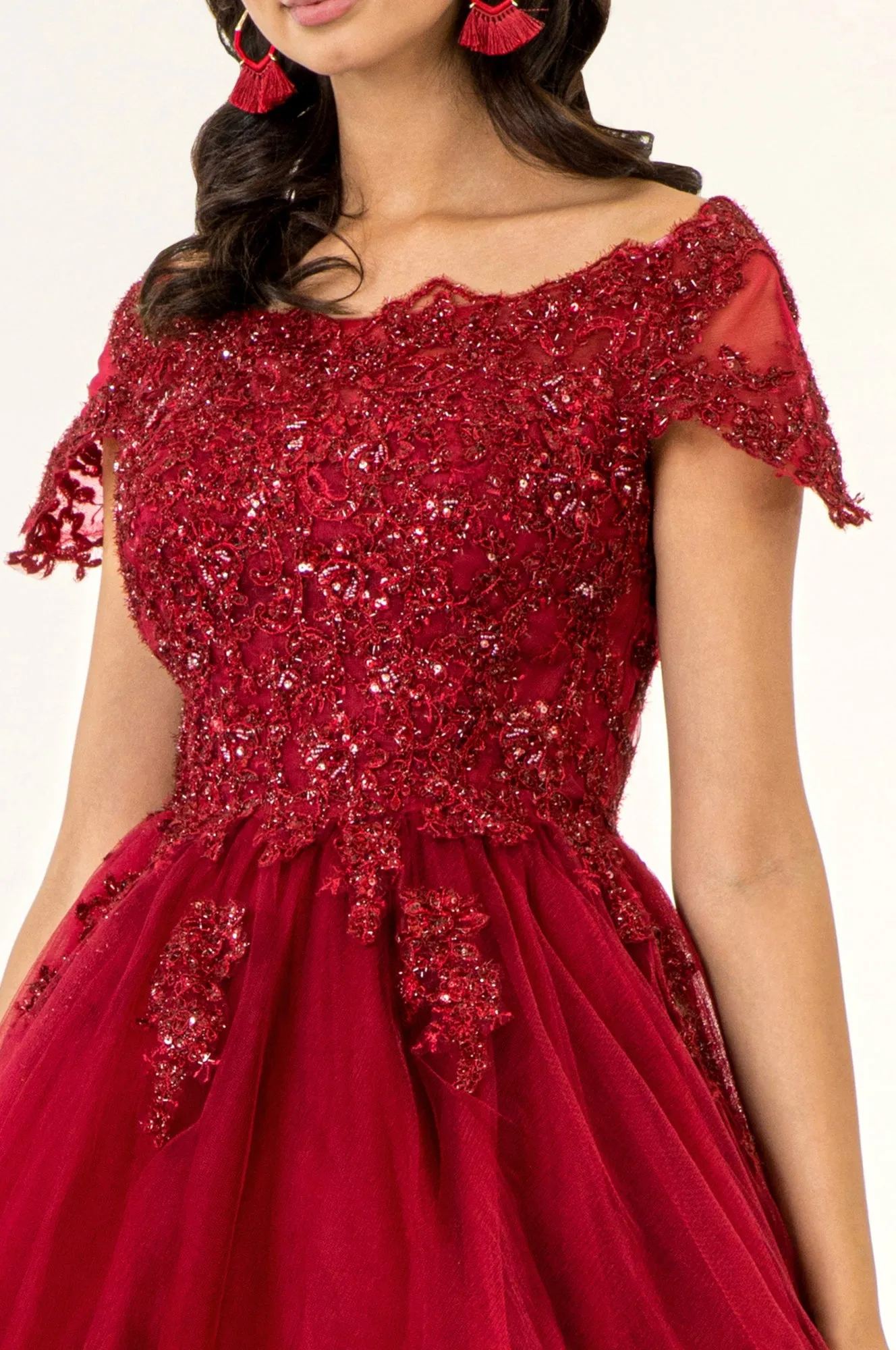 GL GS1953 - Off the Shoulder A-Line Homecoming Dress with Lace Embellished Bodice & Layered Tulle Skirt
