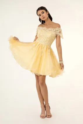 GL GS1953 - Off the Shoulder A-Line Homecoming Dress with Lace Embellished Bodice & Layered Tulle Skirt