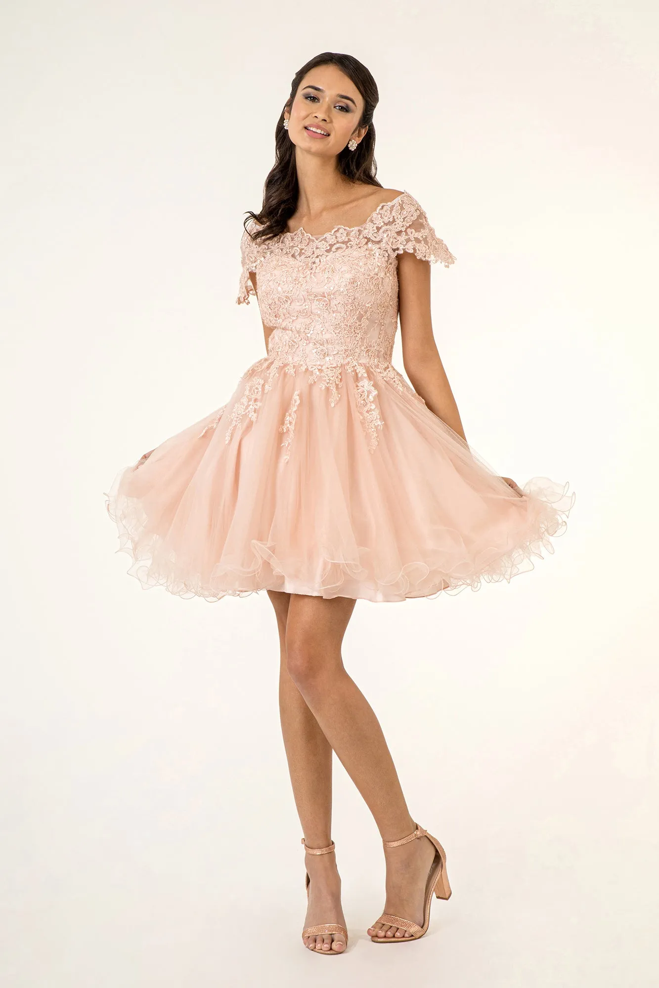 GL GS1953 - Off the Shoulder A-Line Homecoming Dress with Lace Embellished Bodice & Layered Tulle Skirt