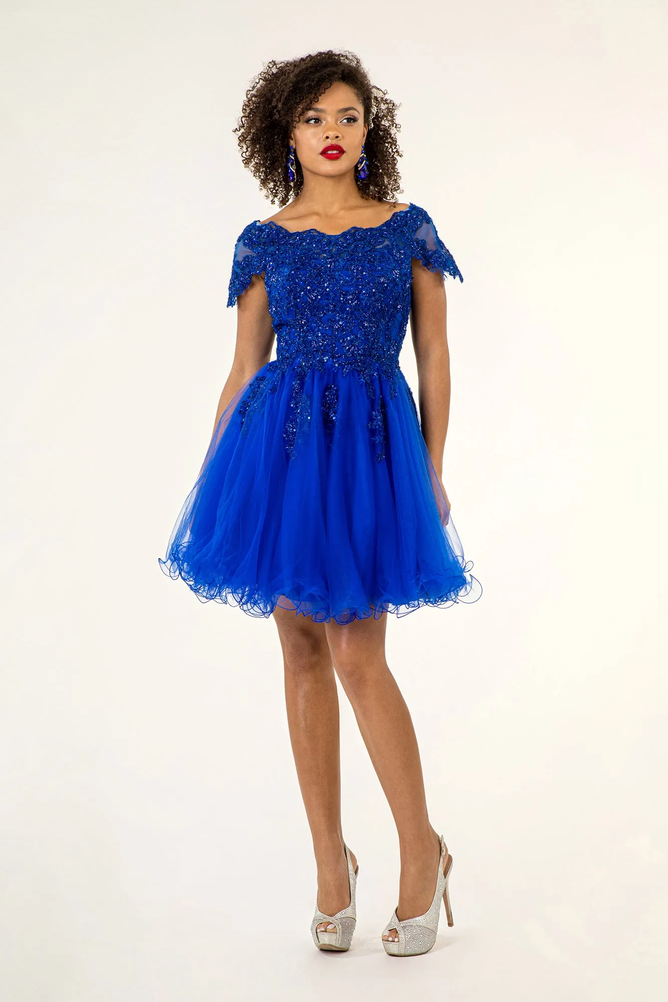 GL GS1953 - Off the Shoulder A-Line Homecoming Dress with Lace Embellished Bodice & Layered Tulle Skirt