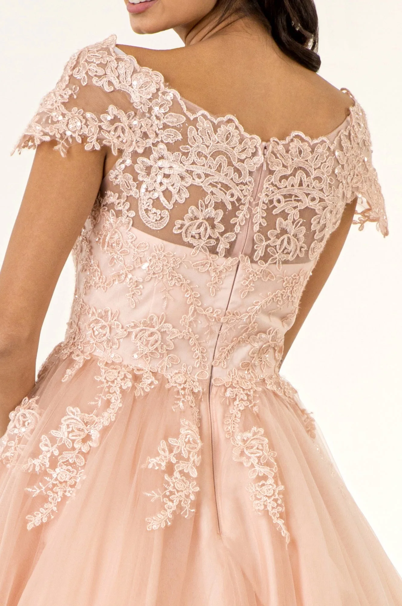 GL GS1953 - Off the Shoulder A-Line Homecoming Dress with Lace Embellished Bodice & Layered Tulle Skirt