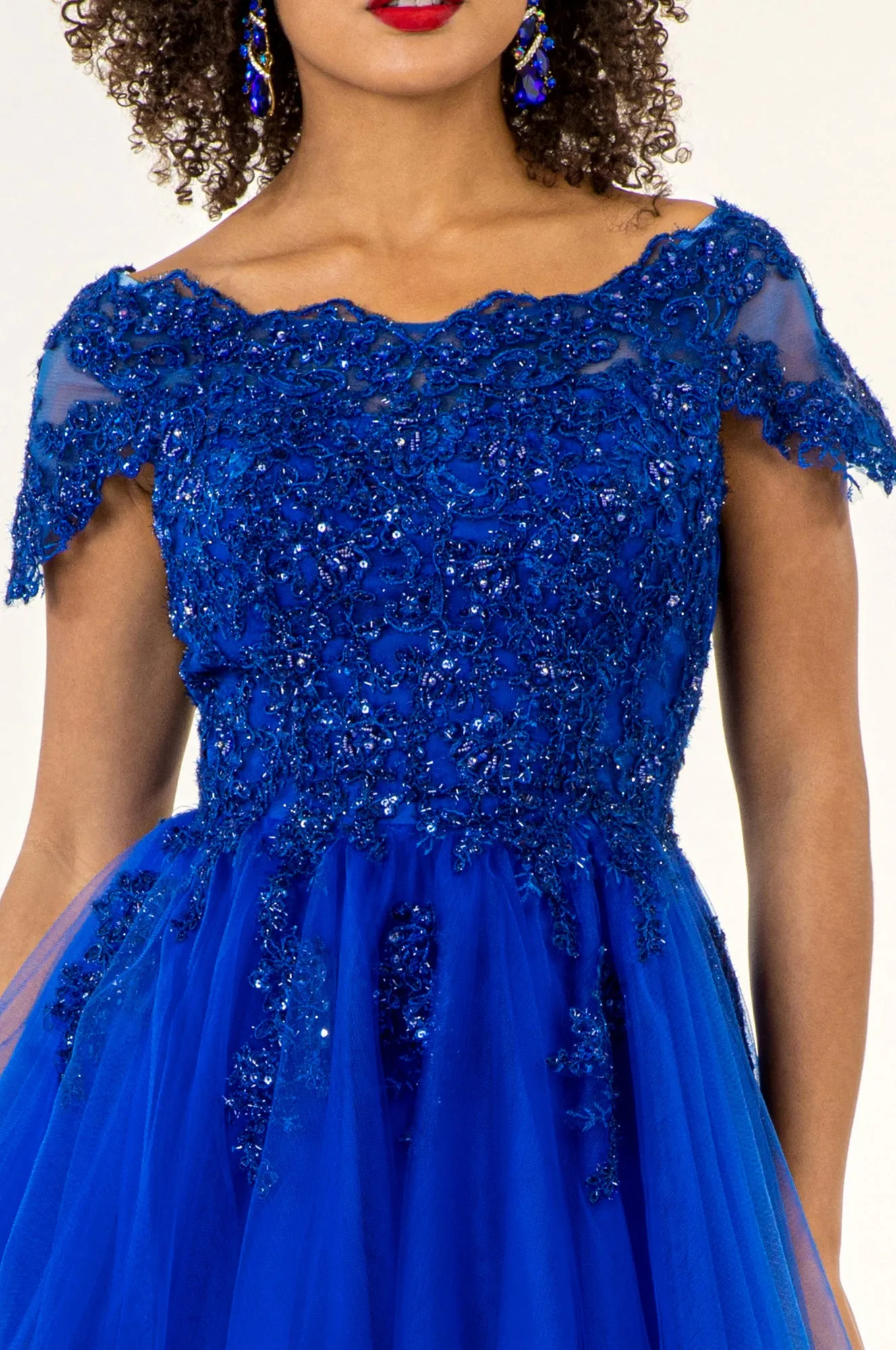 GL GS1953 - Off the Shoulder A-Line Homecoming Dress with Lace Embellished Bodice & Layered Tulle Skirt