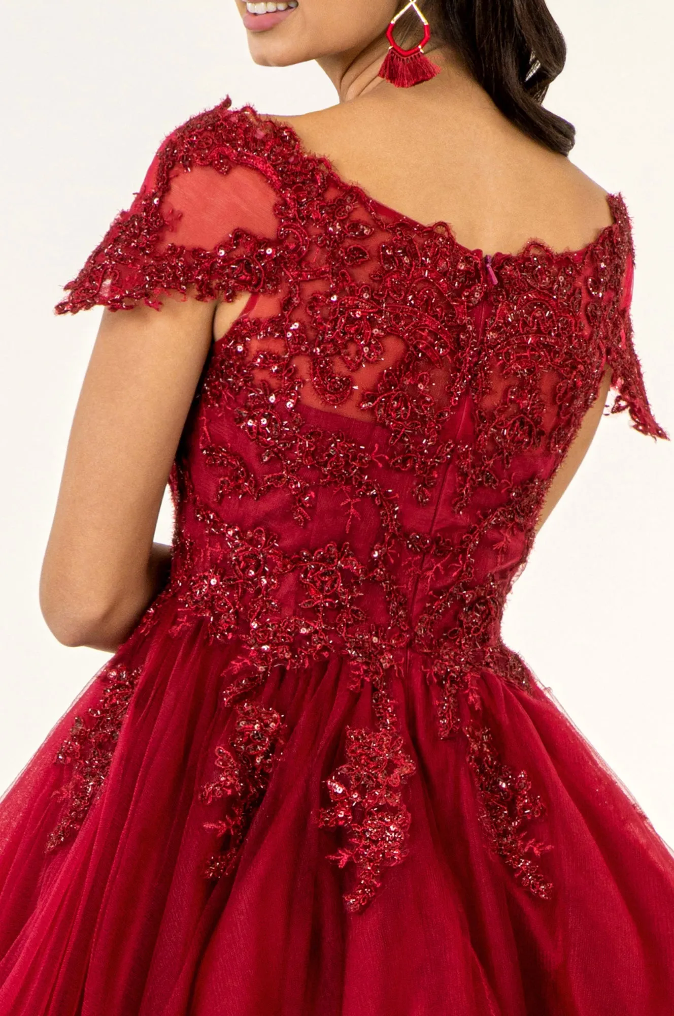 GL GS1953 - Off the Shoulder A-Line Homecoming Dress with Lace Embellished Bodice & Layered Tulle Skirt