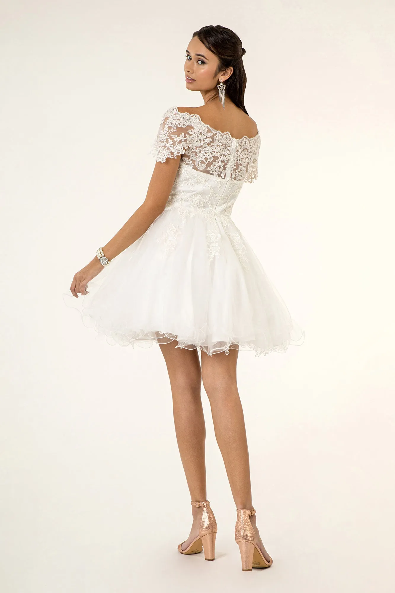 GL GS1953 - Off the Shoulder A-Line Homecoming Dress with Lace Embellished Bodice & Layered Tulle Skirt