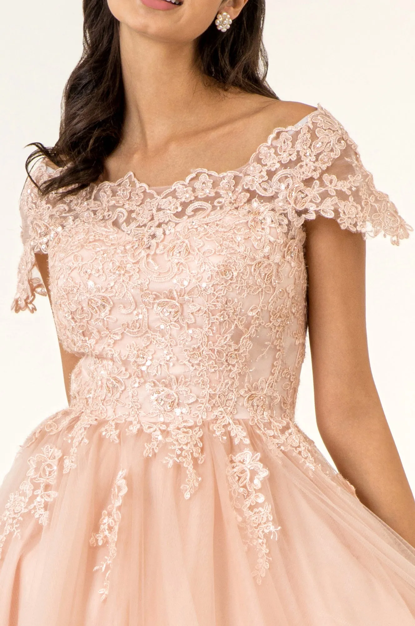 GL GS1953 - Off the Shoulder A-Line Homecoming Dress with Lace Embellished Bodice & Layered Tulle Skirt