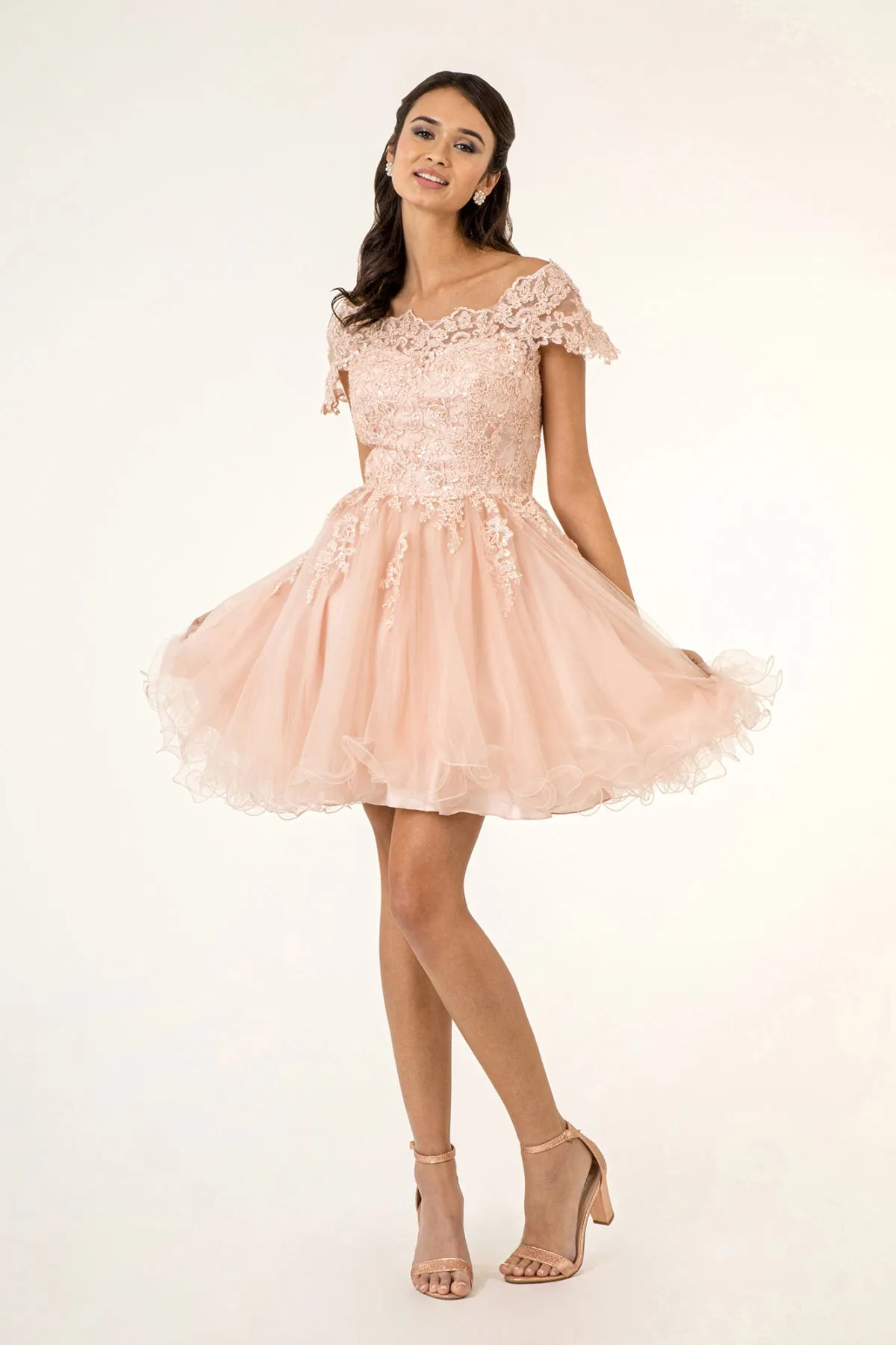 GL GS1953 - Off the Shoulder A-Line Homecoming Dress with Lace Embellished Bodice & Layered Tulle Skirt