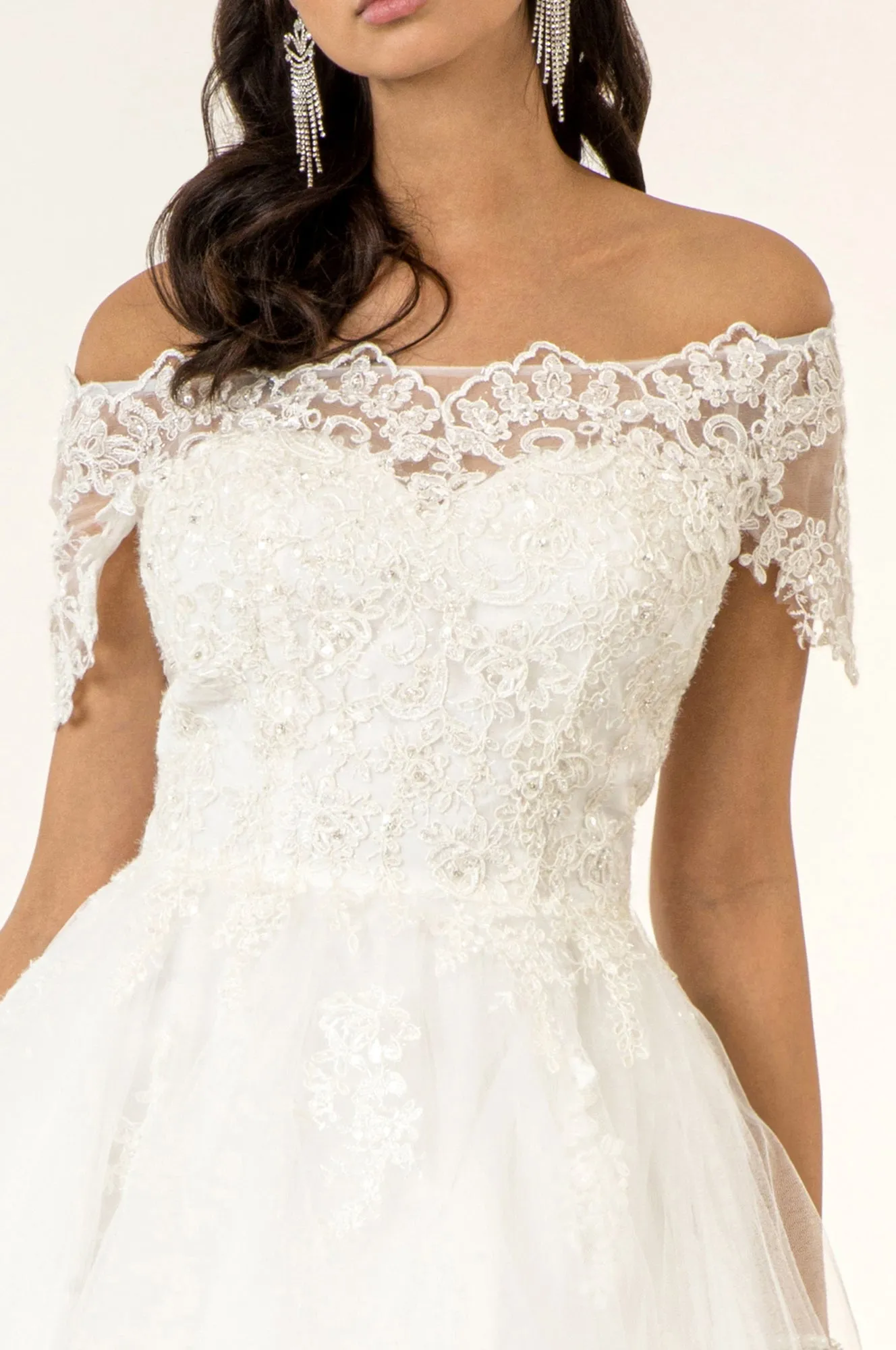 GL GS1953 - Off the Shoulder A-Line Homecoming Dress with Lace Embellished Bodice & Layered Tulle Skirt