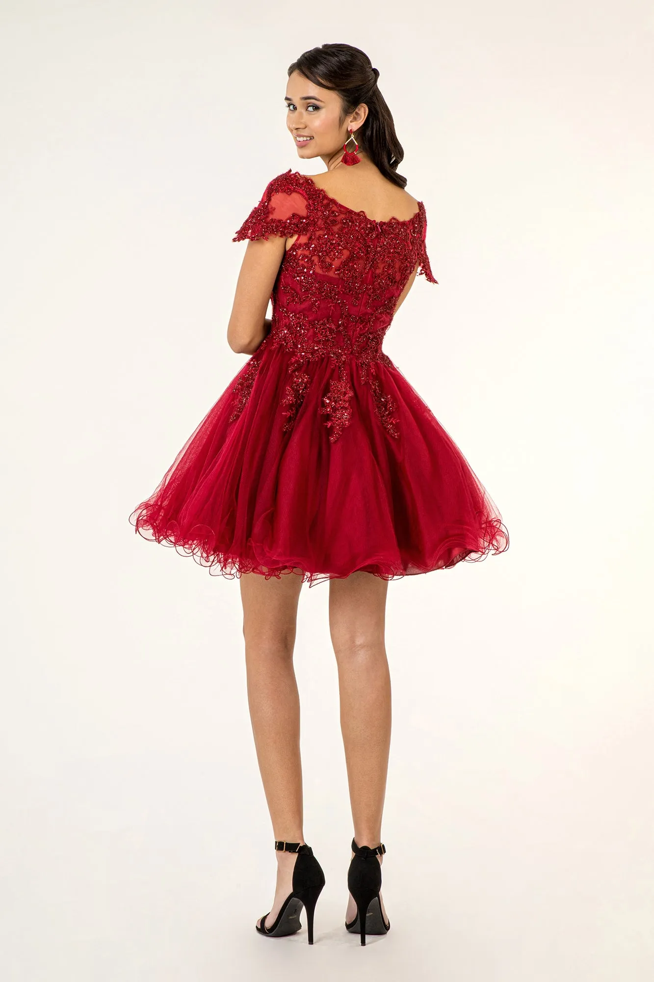 GL GS1953 - Off the Shoulder A-Line Homecoming Dress with Lace Embellished Bodice & Layered Tulle Skirt