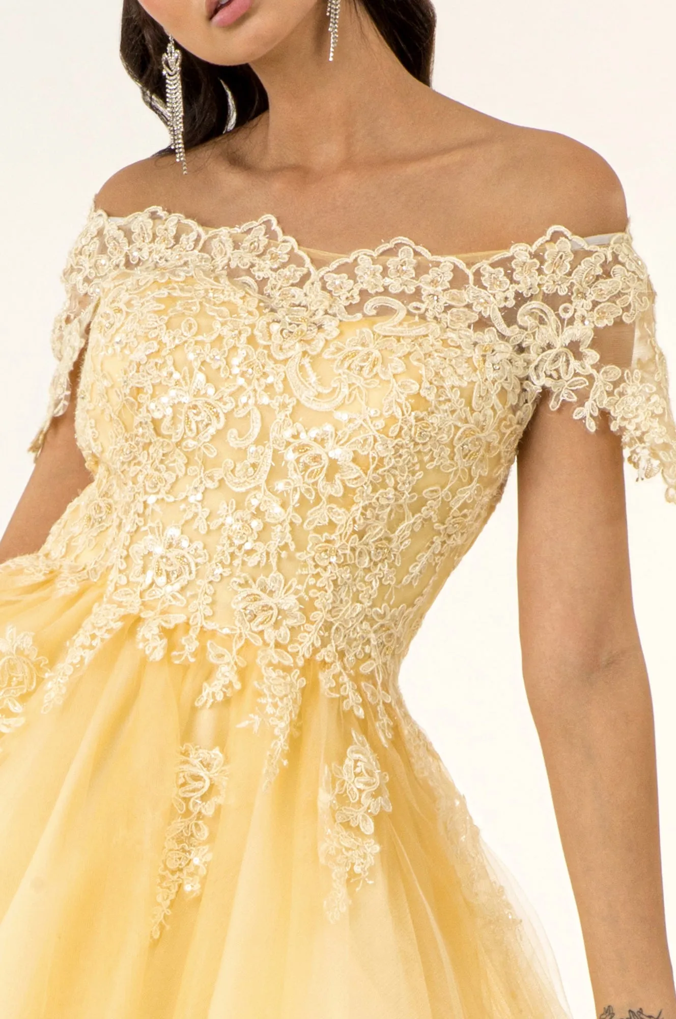 GL GS1953 - Off the Shoulder A-Line Homecoming Dress with Lace Embellished Bodice & Layered Tulle Skirt