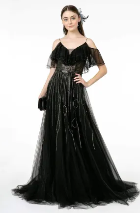 GLS BY GLORIA GL1809 Mesh-Layered Top A-Line Evening Dress