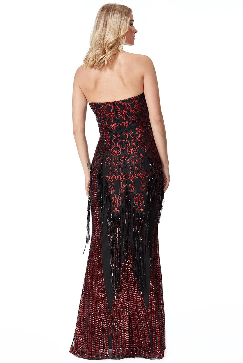 Goddiva Sweet Heart Sequin Fringe Chiffon Maxi Dress