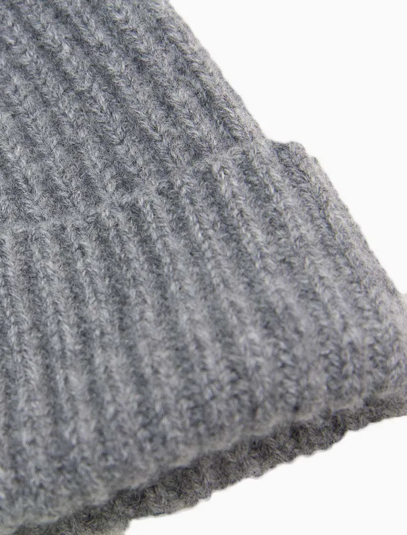 Grey Thick Ribbed Solid Cashmere Fisherman Beanie