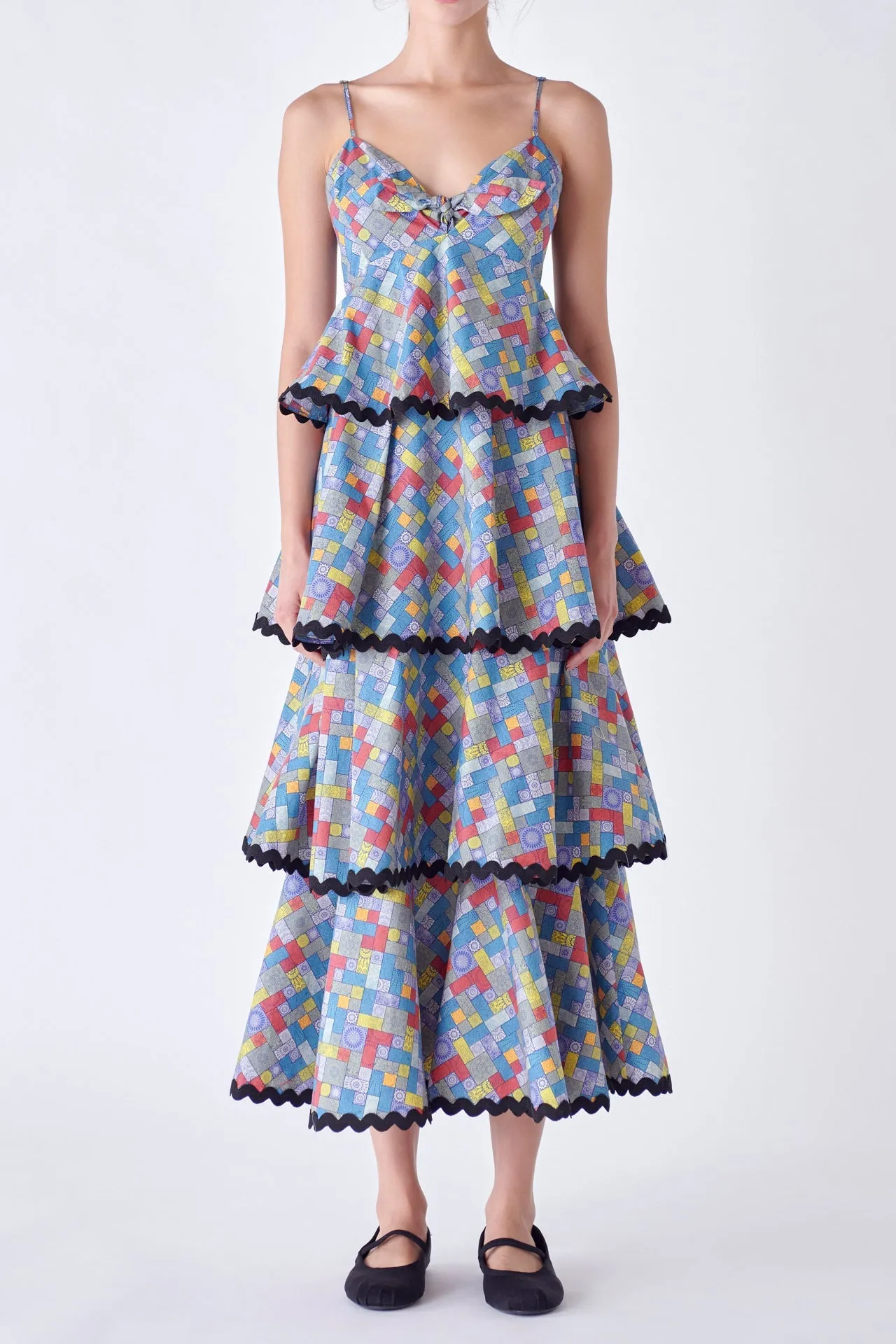 Grid Print Tiered Maxi Dress with Ric Rac Trim
