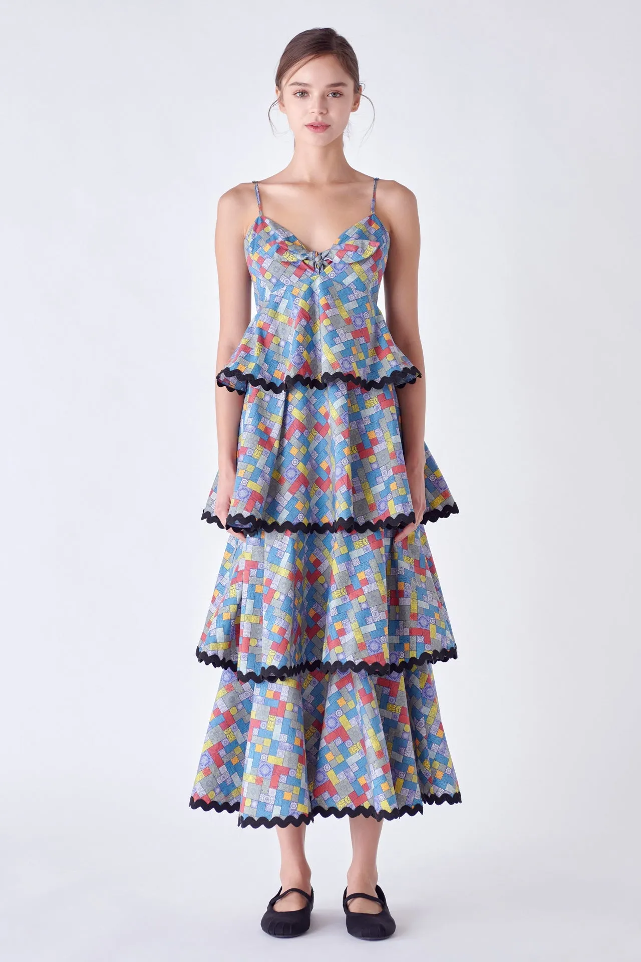 Grid Print Tiered Maxi Dress with Ric Rac Trim