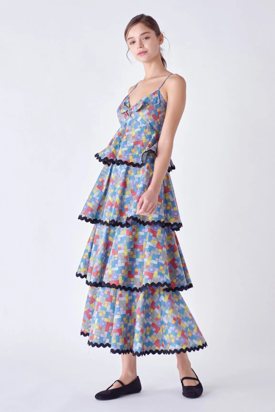 Grid Print Tiered Maxi Dress with Ric Rac Trim