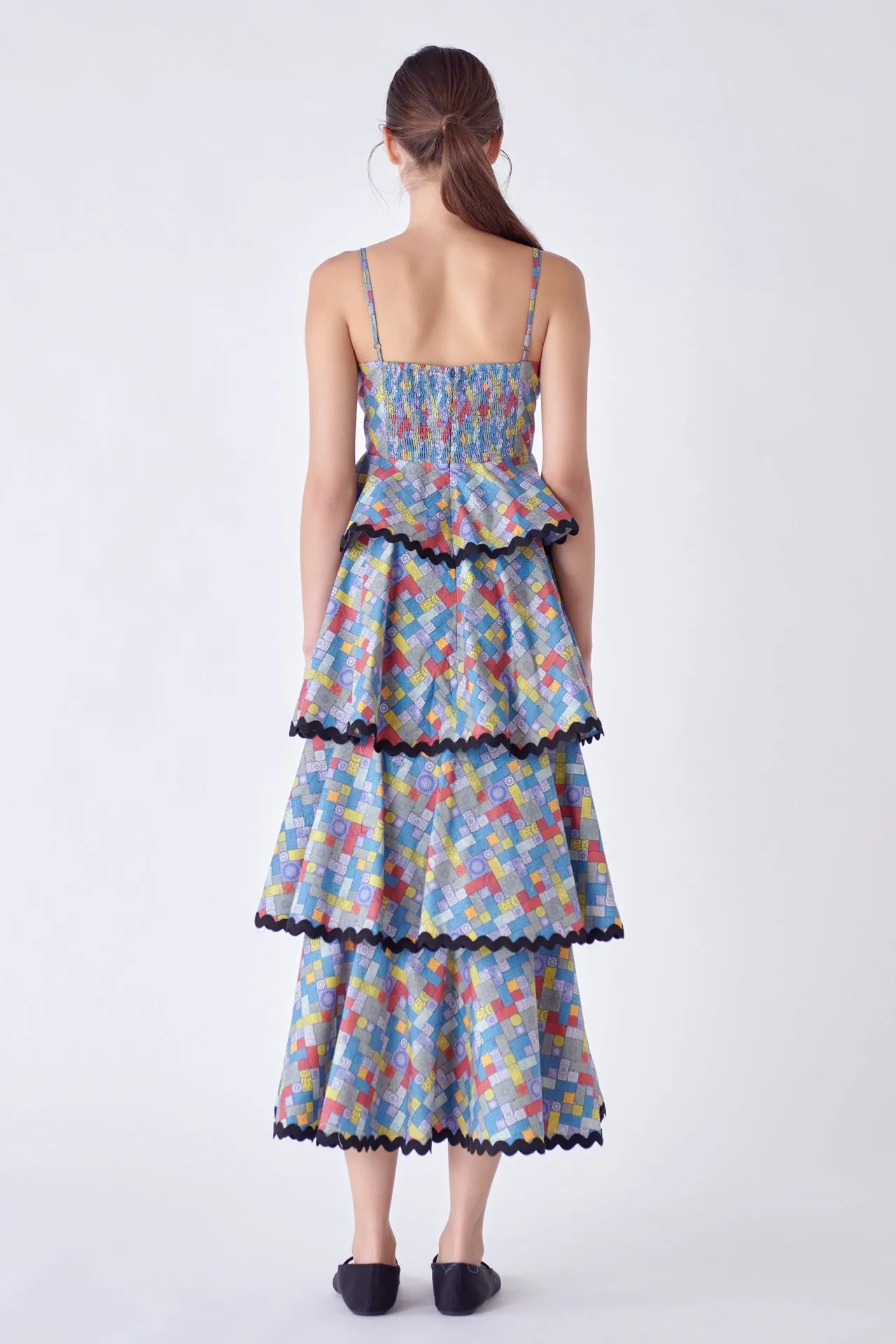 Grid Print Tiered Maxi Dress with Ric Rac Trim