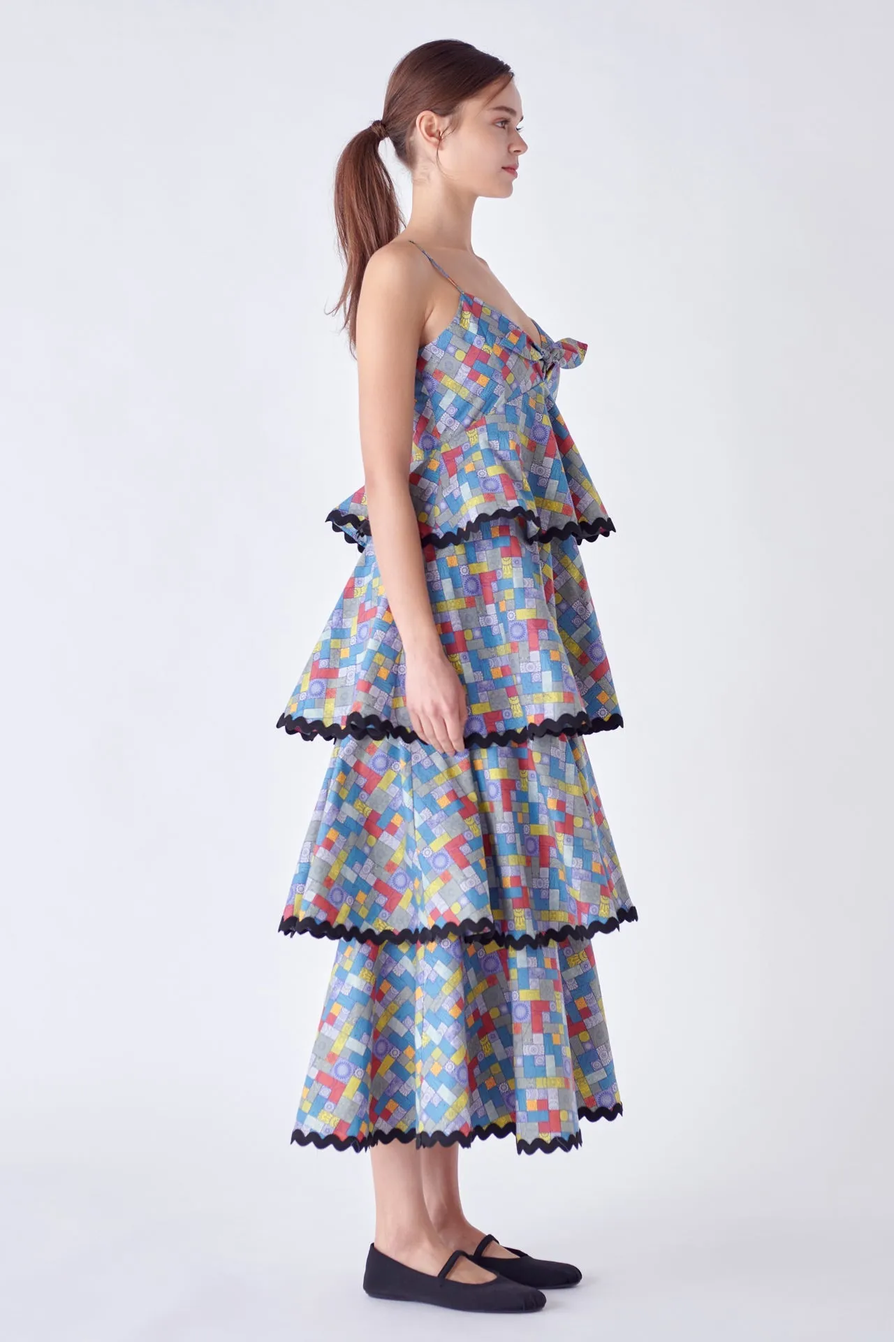 Grid Print Tiered Maxi Dress with Ric Rac Trim