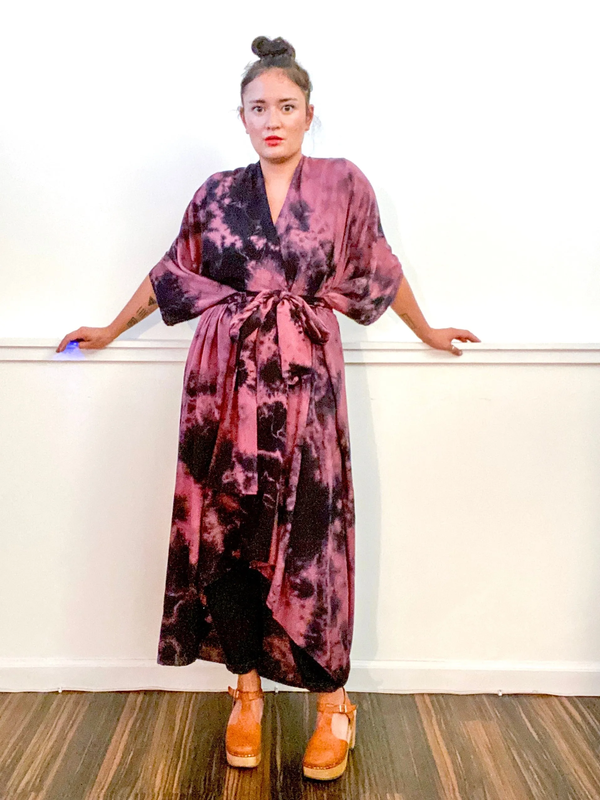 Hand-Dyed High Low Kimono Rose Black Overdye