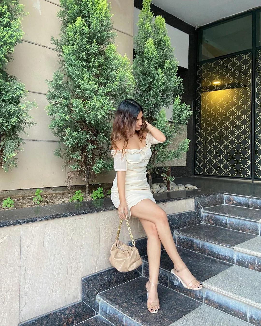 Kenzie beige off shoulder dress