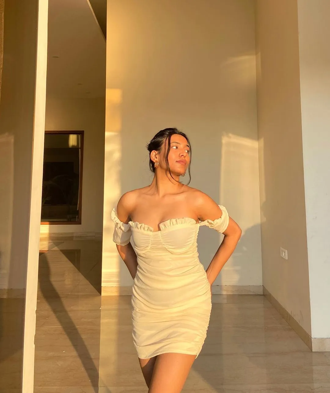 Kenzie beige off shoulder dress