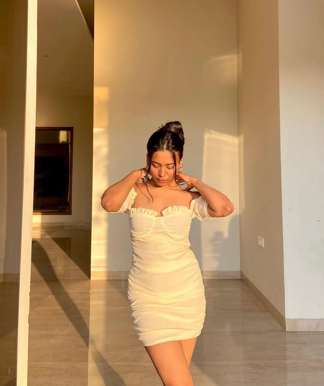 Kenzie beige off shoulder dress