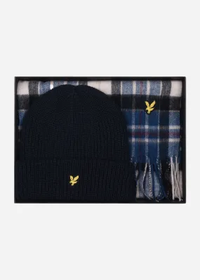 Lambswool blend checked scarf and beanie gift set - dark navy