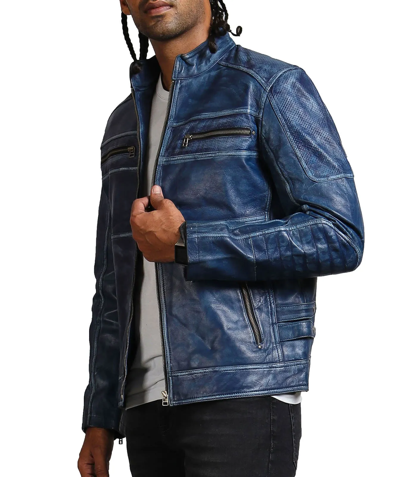 Men's Blue Biker Leather Jacket with Zipper Pockets