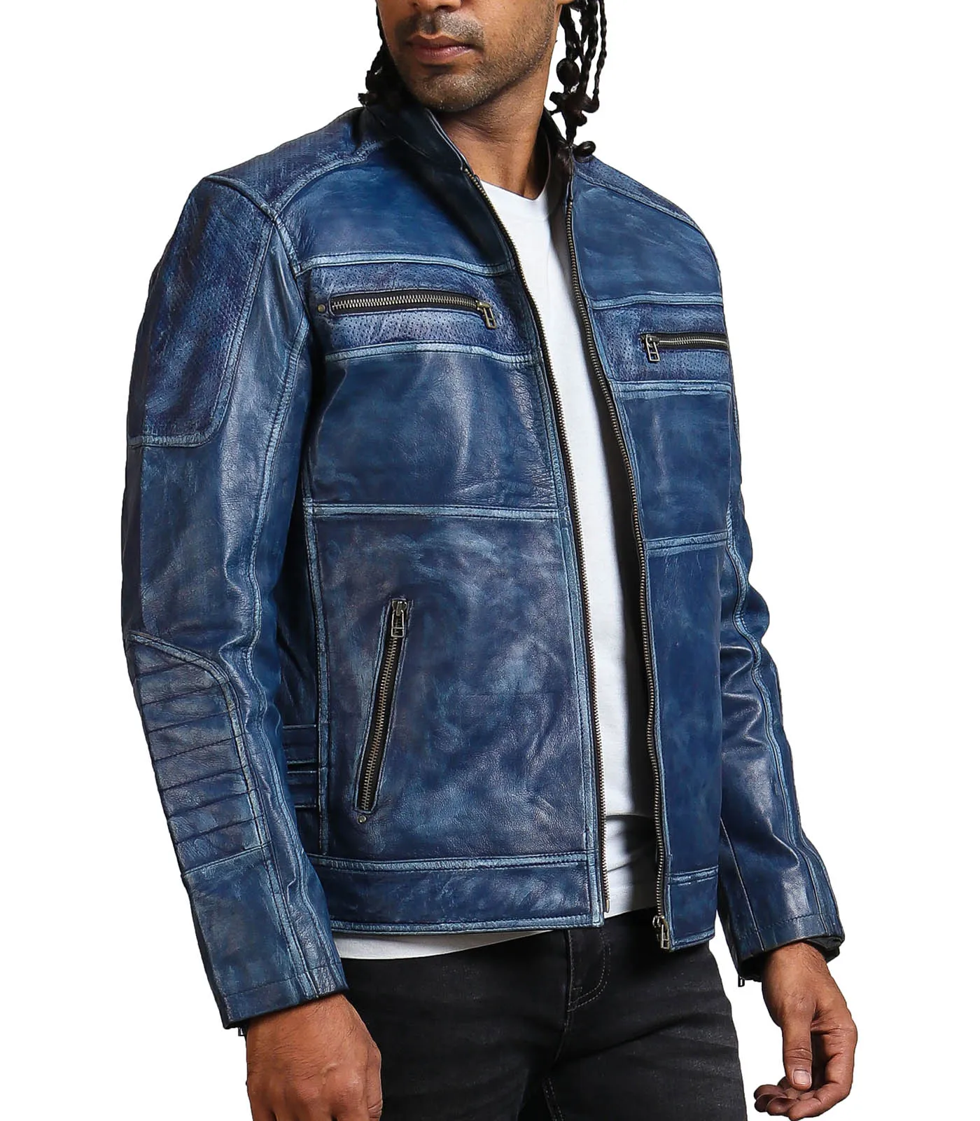 Men's Blue Biker Leather Jacket with Zipper Pockets