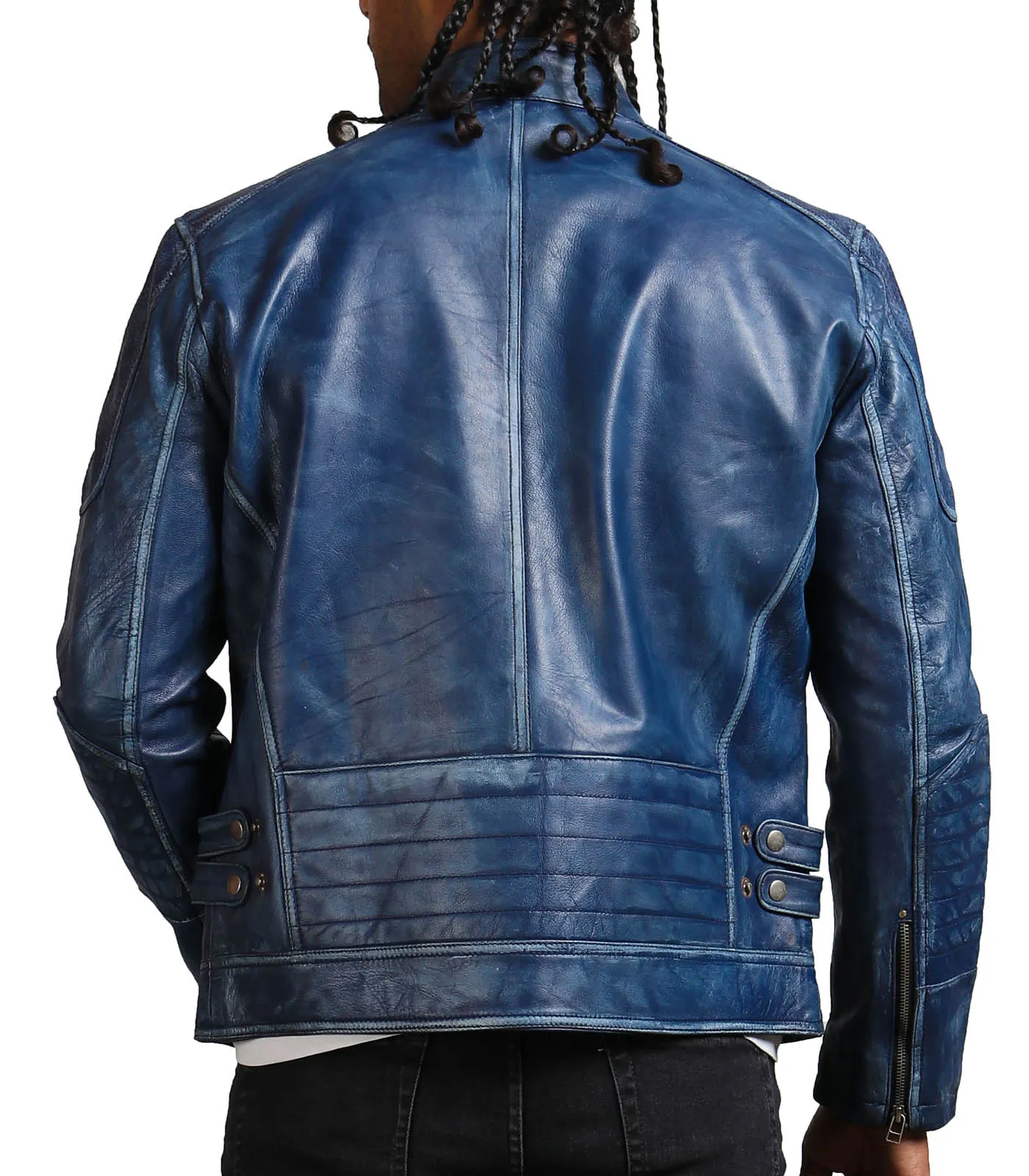 Men's Blue Biker Leather Jacket with Zipper Pockets
