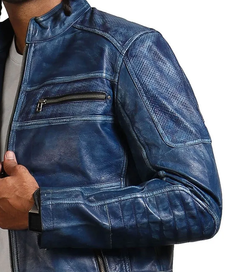 Men's Blue Biker Leather Jacket with Zipper Pockets