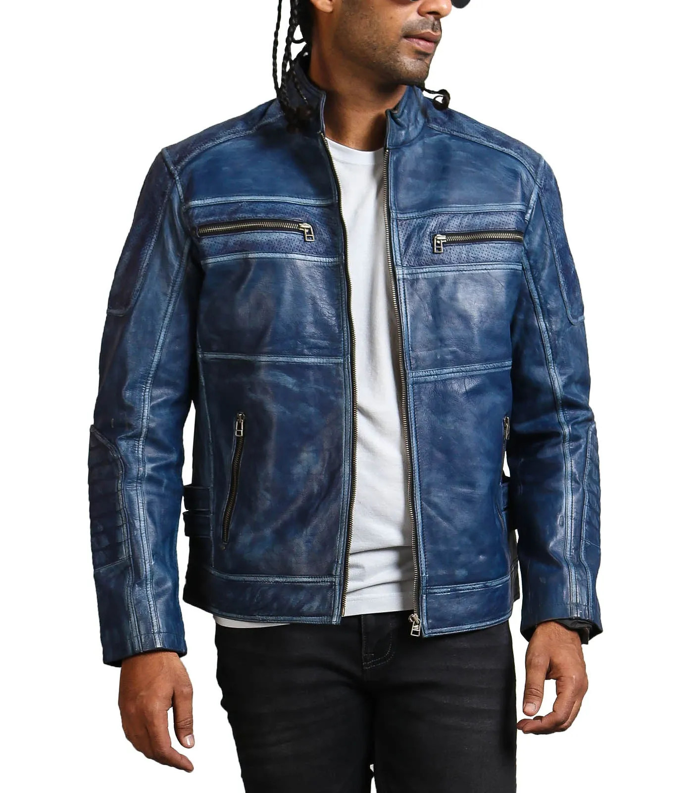 Men's Blue Biker Leather Jacket with Zipper Pockets