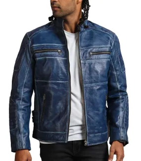 Men's Blue Biker Leather Jacket with Zipper Pockets