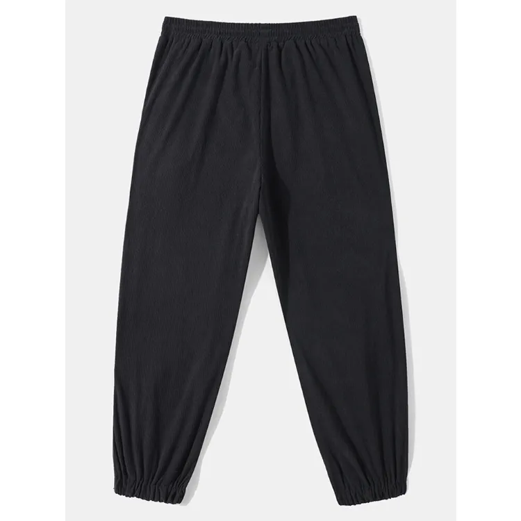 Mens Corduroy Pure Color Loose Drawstring Pants With Pocket