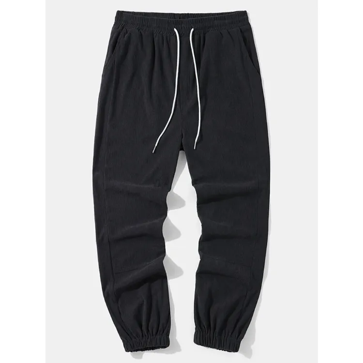 Mens Corduroy Pure Color Loose Drawstring Pants With Pocket