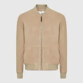Men's Suede Leather Bomber Jacket In Brown