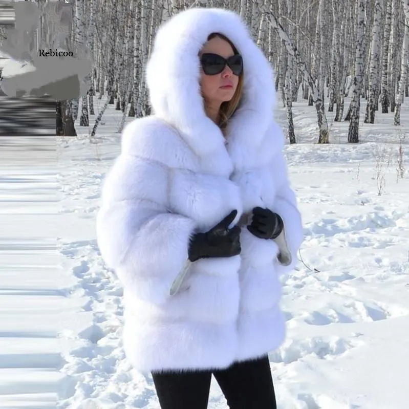 Minimalist Faux Fur Hooded Jacket – Colorblock Patchwork Winter Coat