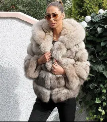 Minimalist Faux Fur Hooded Jacket – Colorblock Patchwork Winter Coat