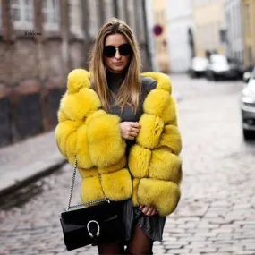 Minimalist Faux Fur Hooded Jacket – Colorblock Patchwork Winter Coat