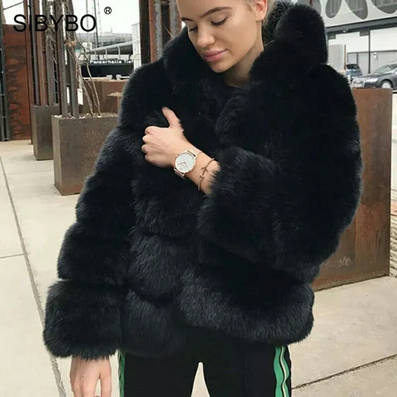 Minimalist Faux Fur Hooded Jacket – Colorblock Patchwork Winter Coat