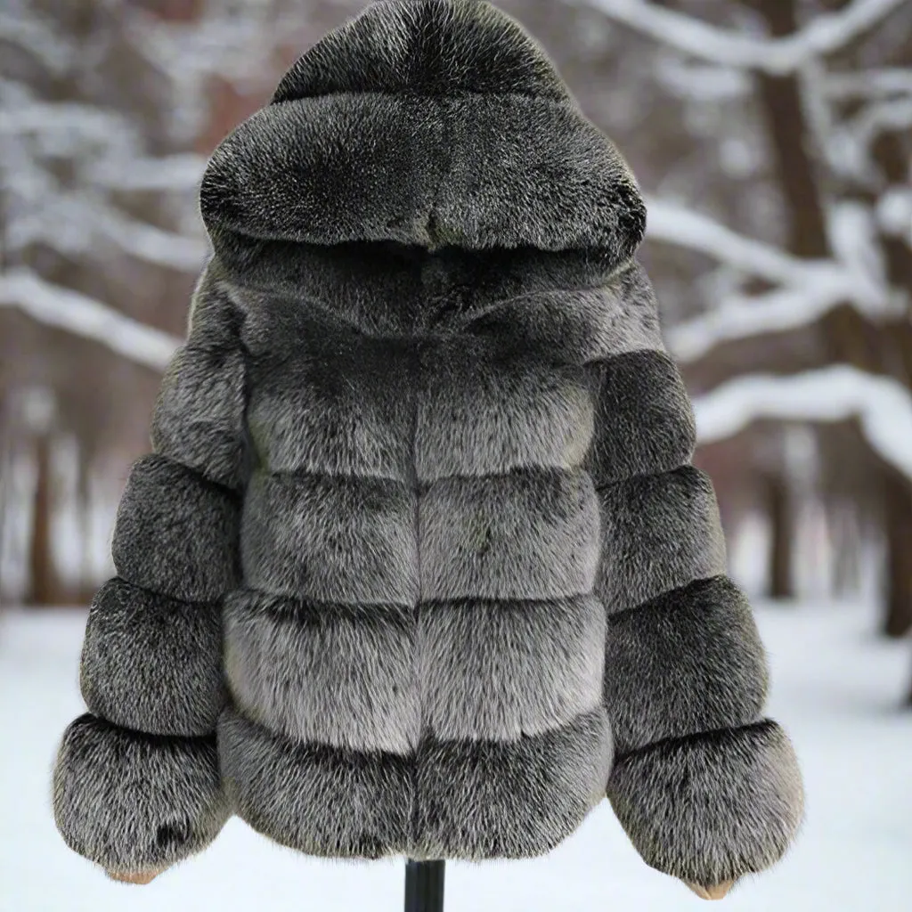 Minimalist Faux Fur Hooded Jacket – Colorblock Patchwork Winter Coat