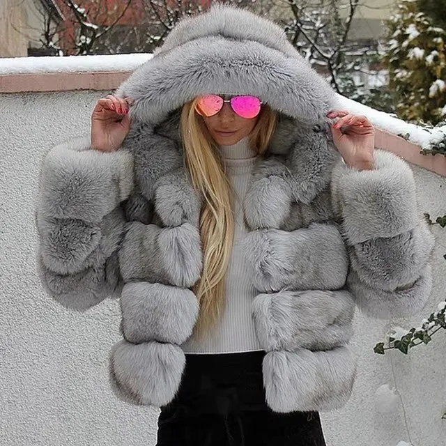 Minimalist Faux Fur Hooded Jacket – Colorblock Patchwork Winter Coat