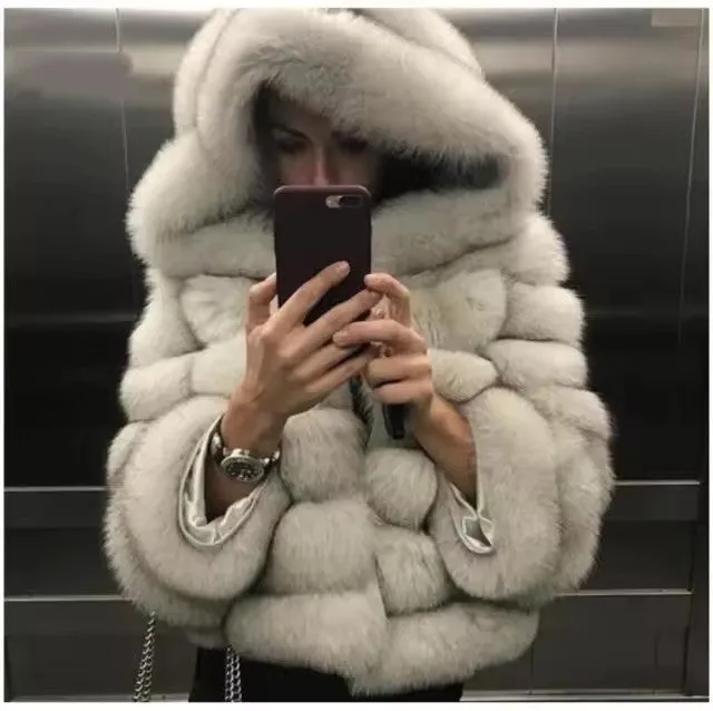 Minimalist Faux Fur Hooded Jacket – Colorblock Patchwork Winter Coat