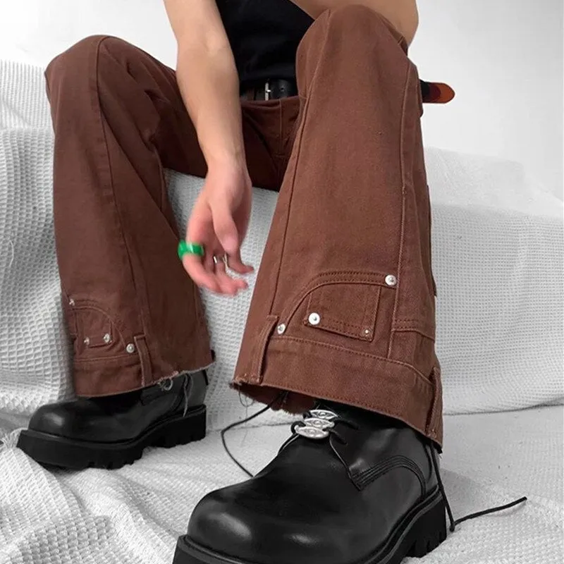 New Fashion Vintage Brown Baggy Men Cargo Flare Jeans Pants High Street Hip Hop Women Casual Loose Denim Trousers Pantalon
