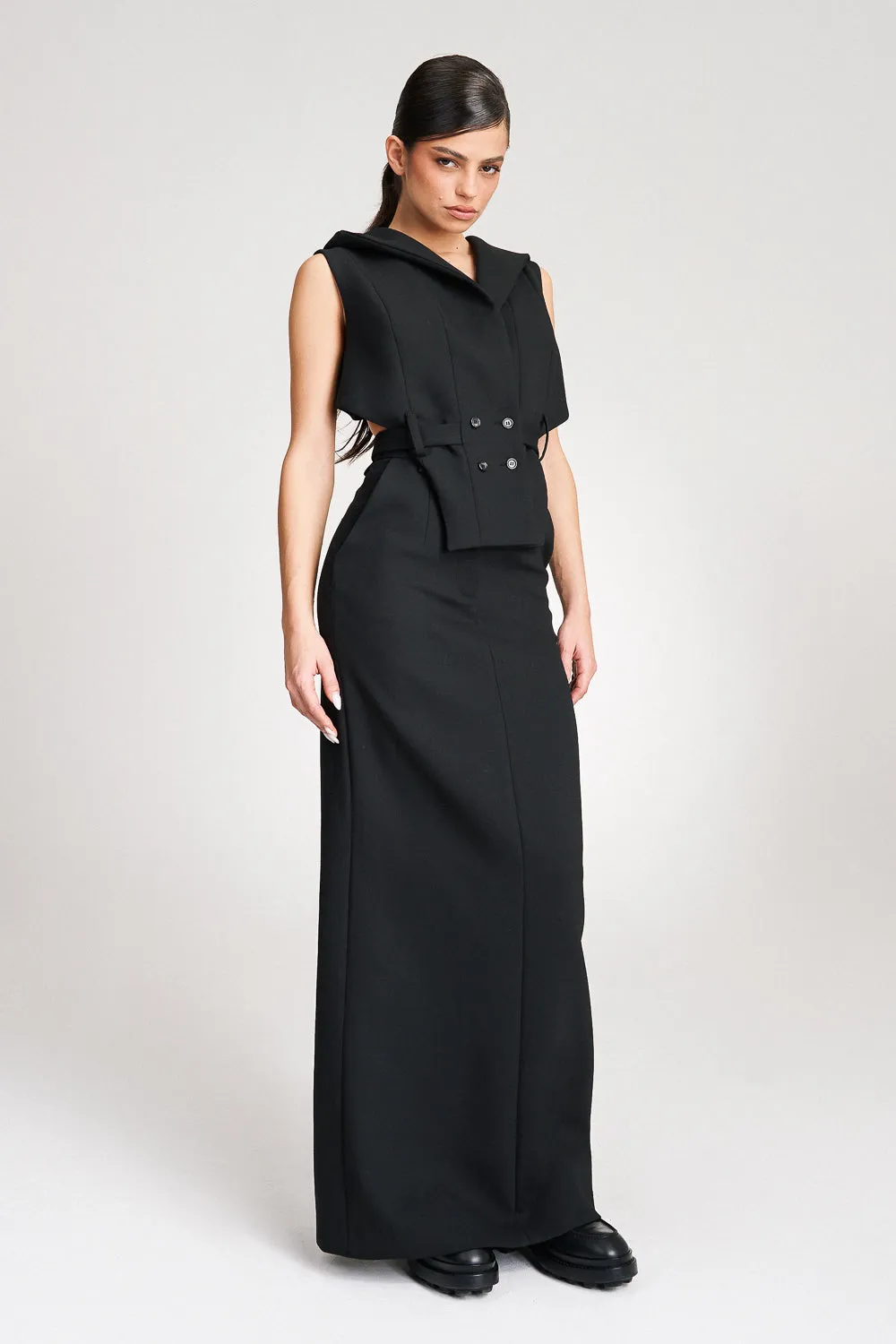 ’Noelle’ Black High Waisted Tailored Maxi Skirt