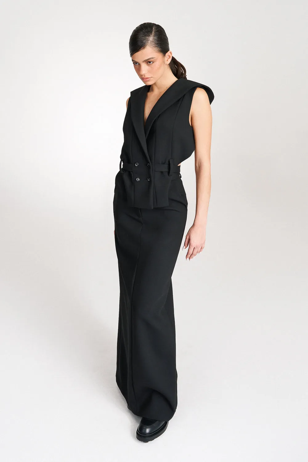 ’Noelle’ Black High Waisted Tailored Maxi Skirt
