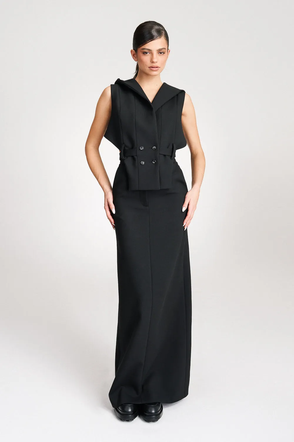 ’Noelle’ Black High Waisted Tailored Maxi Skirt