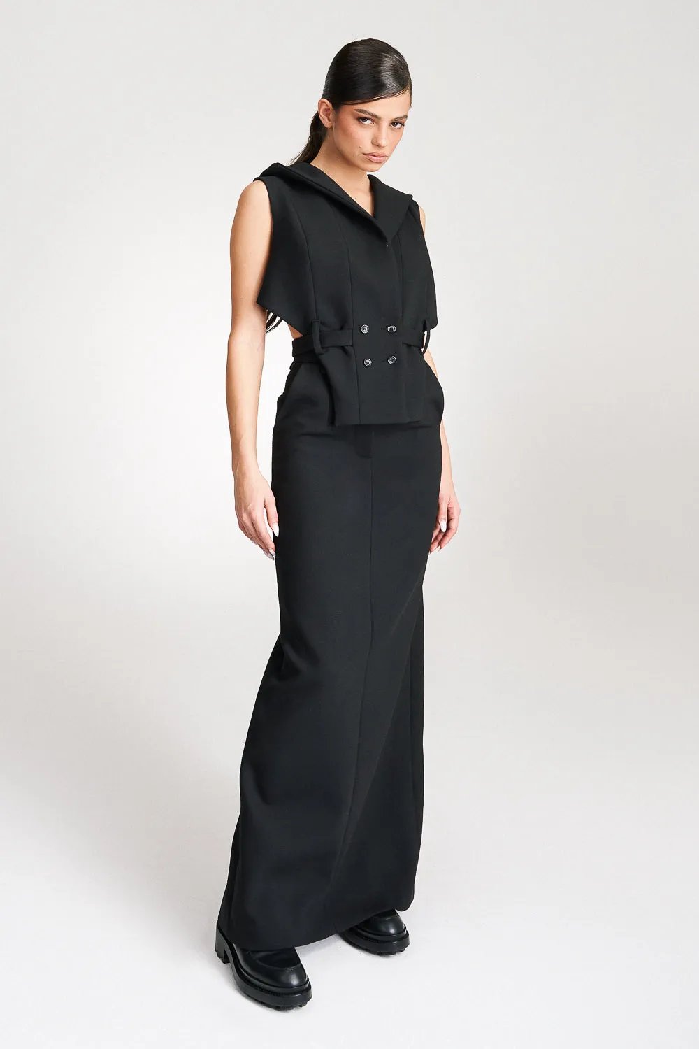 ’Noelle’ Black High Waisted Tailored Maxi Skirt