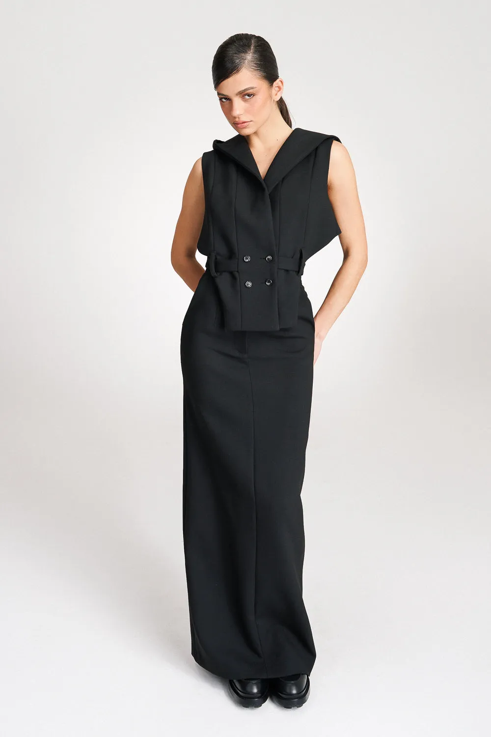 ’Noelle’ Black High Waisted Tailored Maxi Skirt